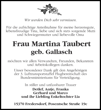 Traueranzeige von Martina Taubert von Märkische Oderzeitung