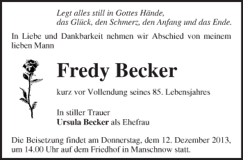 Traueranzeige von Fredy Becker von Märkische Oderzeitung