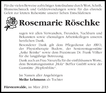 Traueranzeige von Rosemarie Röschke von Märkische Oderzeitung