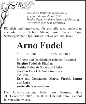 Traueranzeige von Arno Fudel von Märkische Oderzeitung