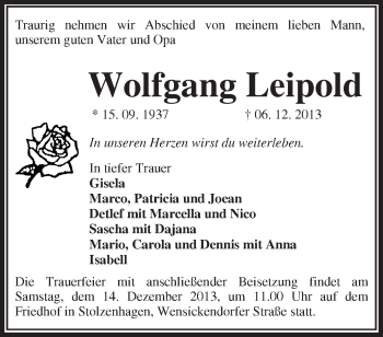 Traueranzeige von Wolfgang Leipold von Märkische Oderzeitung