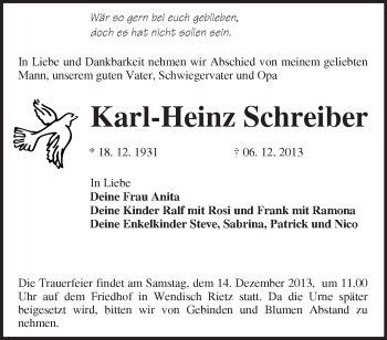 Traueranzeige von Karl-Heinz Schreiber von Märkische Oderzeitung