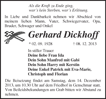 Traueranzeige von Gerhard Dickhoff von Märkische Oderzeitung