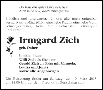 Traueranzeige von Irmgard Zich von Märkische Oderzeitung