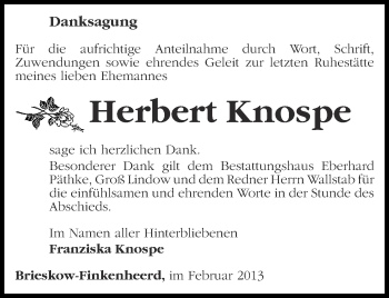 Traueranzeige von Herbert Knospe von Märkische Oderzeitung