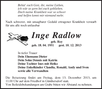 Traueranzeige von Inge Radlow von Märkische Oderzeitung