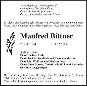 Traueranzeige von Manfred Bittner von Märkische Oderzeitung