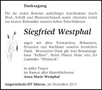 Traueranzeige von Siegfried Westphal von Märkische Oderzeitung