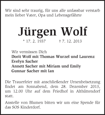 Traueranzeige von Jürgen Wolf von Märkische Oderzeitung