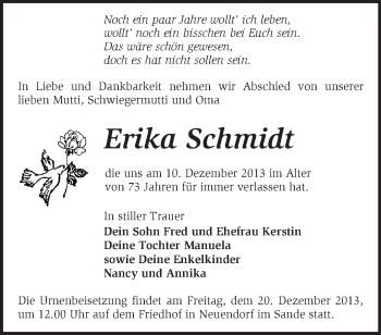 Traueranzeige von Erika Schmidt von Märkische Oderzeitung