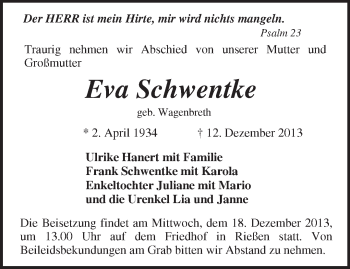 Traueranzeige von Eva Schwentke von Märkische Oderzeitung