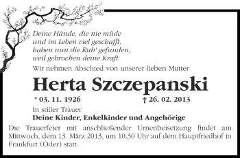 Traueranzeige von Herta Szczepanski von Märkische Oderzeitung