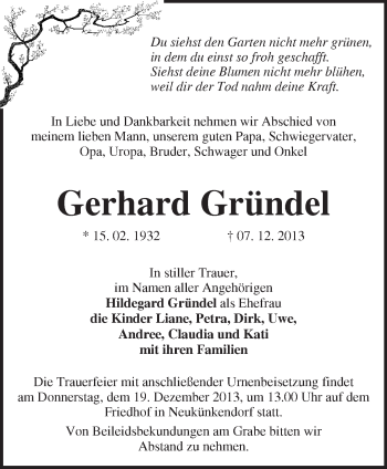 Traueranzeige von Gerhard Gründel von Märkische Oderzeitung