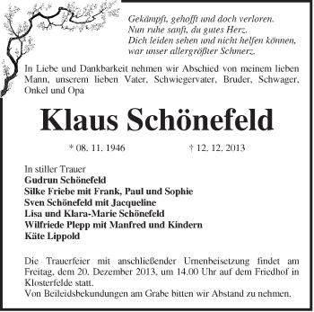 Traueranzeige von Klaus Schönefeld  von Märkische Oderzeitung