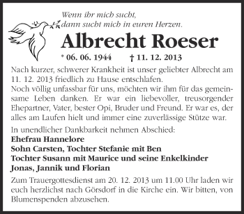 Traueranzeige von Albrecht Roeser von Märkische Oderzeitung