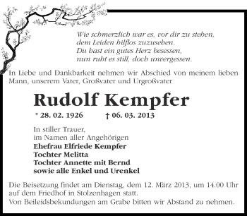 Traueranzeige von Rudolf Kempfer von Märkische Oderzeitung