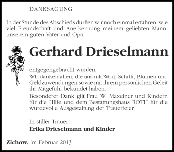 Traueranzeige von Gerhard Drieselmann von Märkische Oderzeitung