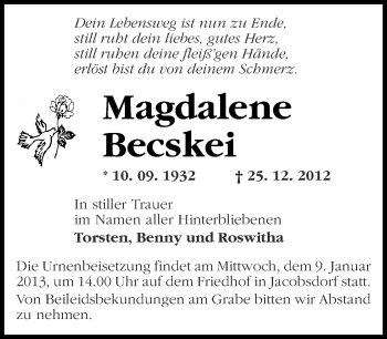 Traueranzeige von Magdalene Becskei von Märkische Oderzeitung