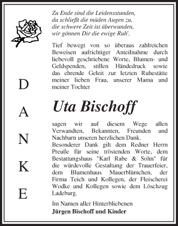 Traueranzeige von Uta Bischoff von Märkische Oderzeitung