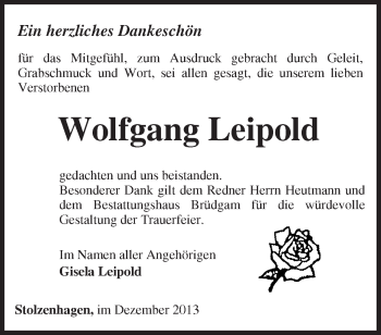 Traueranzeige von Wolfgang Leipold von Märkische Oderzeitung