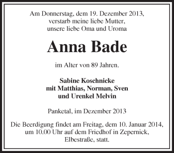 Traueranzeige von Anna Bade von Märkische Oderzeitung