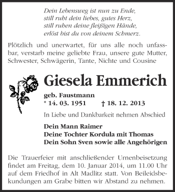 Traueranzeige von Giesela Emmerich von Märkische Oderzeitung