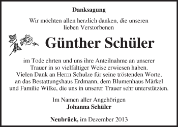 Traueranzeige von Günther Schüler von Märkische Oderzeitung