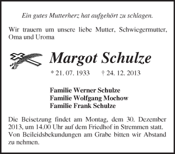 Traueranzeige von Margot Schulze von Märkische Oderzeitung