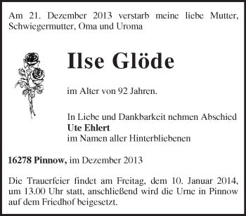 Traueranzeige von Ilse Glöde von Märkische Oderzeitung