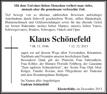 Traueranzeige von Klaus Schönefeld von Märkische Oderzeitung