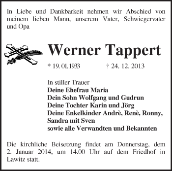 Traueranzeige von Werner Tappert von Märkische Oderzeitung