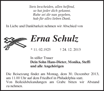 Traueranzeige von Erna Schulz von Märkische Oderzeitung