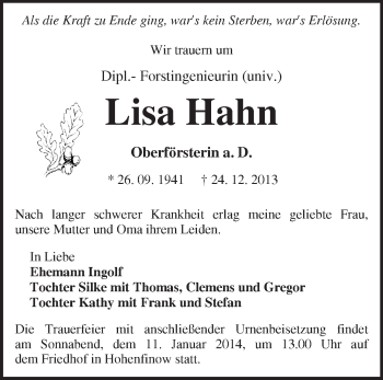 Traueranzeige von Lisa Hahn von Märkische Oderzeitung