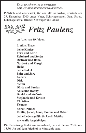 Traueranzeige von Fritz Paulenz von Märkische Oderzeitung