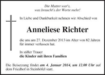 Traueranzeige von Anneliese Richter von Märkische Oderzeitung