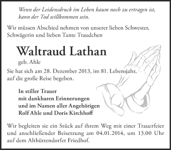 Traueranzeige von Waltraut Lathan von Märkische Oderzeitung