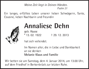 Traueranzeige von Annaliese Dehn von Märkische Oderzeitung