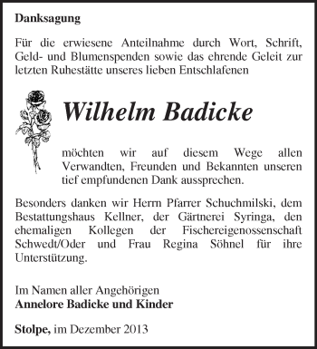 Traueranzeige von Wilhelm Badicke von Märkische Oderzeitung