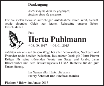 Traueranzeige von Herta Puhlmann von Märkische Oderzeitung