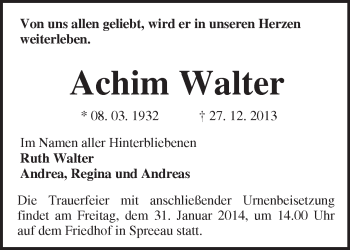 Traueranzeige von Achim Walter von Märkische Oderzeitung