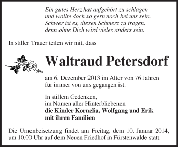 Traueranzeige von Waltraud Petersdorf von Märkische Oderzeitung