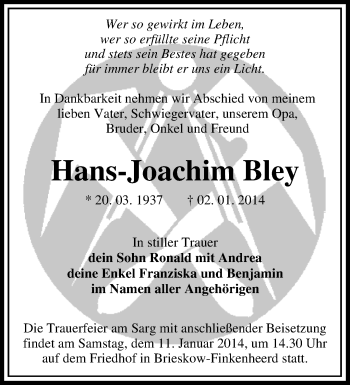 Traueranzeige von Hans-Joachim Bley von Märkische Oderzeitung