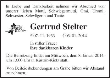 Traueranzeige von Gertrud Stelter von Märkische Oderzeitung