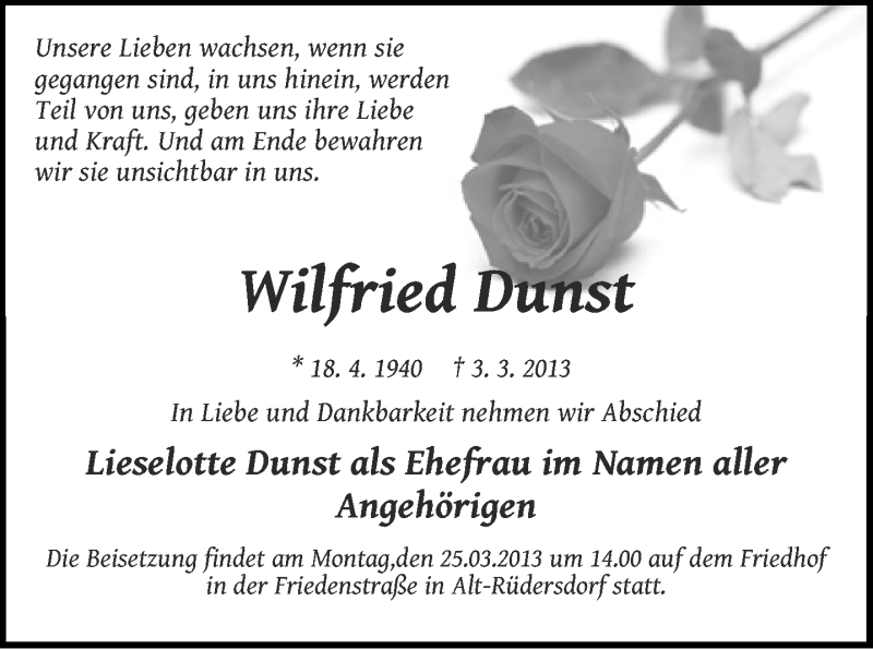  Traueranzeige für Wilfried Dunst vom 09.03.2013 aus Märkische Oderzeitung