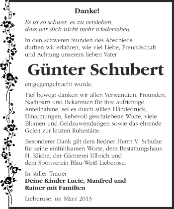 Traueranzeige von Günter Schubert von Märkische Oderzeitung
