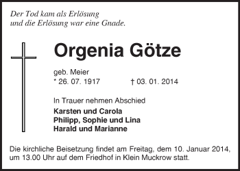 Traueranzeige von Orgenia Götze von Märkische Oderzeitung