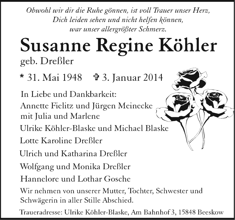  Traueranzeige für Susanne Regine Köhler vom 08.01.2014 aus Märkische Oderzeitung