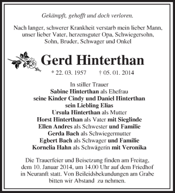 Traueranzeige von Gerd Hinterthan von Märkische Oderzeitung