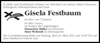 Traueranzeige von Gisela Festbaum von Märkische Oderzeitung