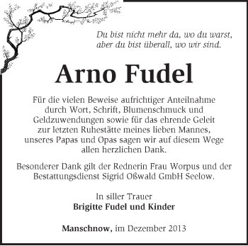 Traueranzeige von Arno Fudel von Märkische Oderzeitung